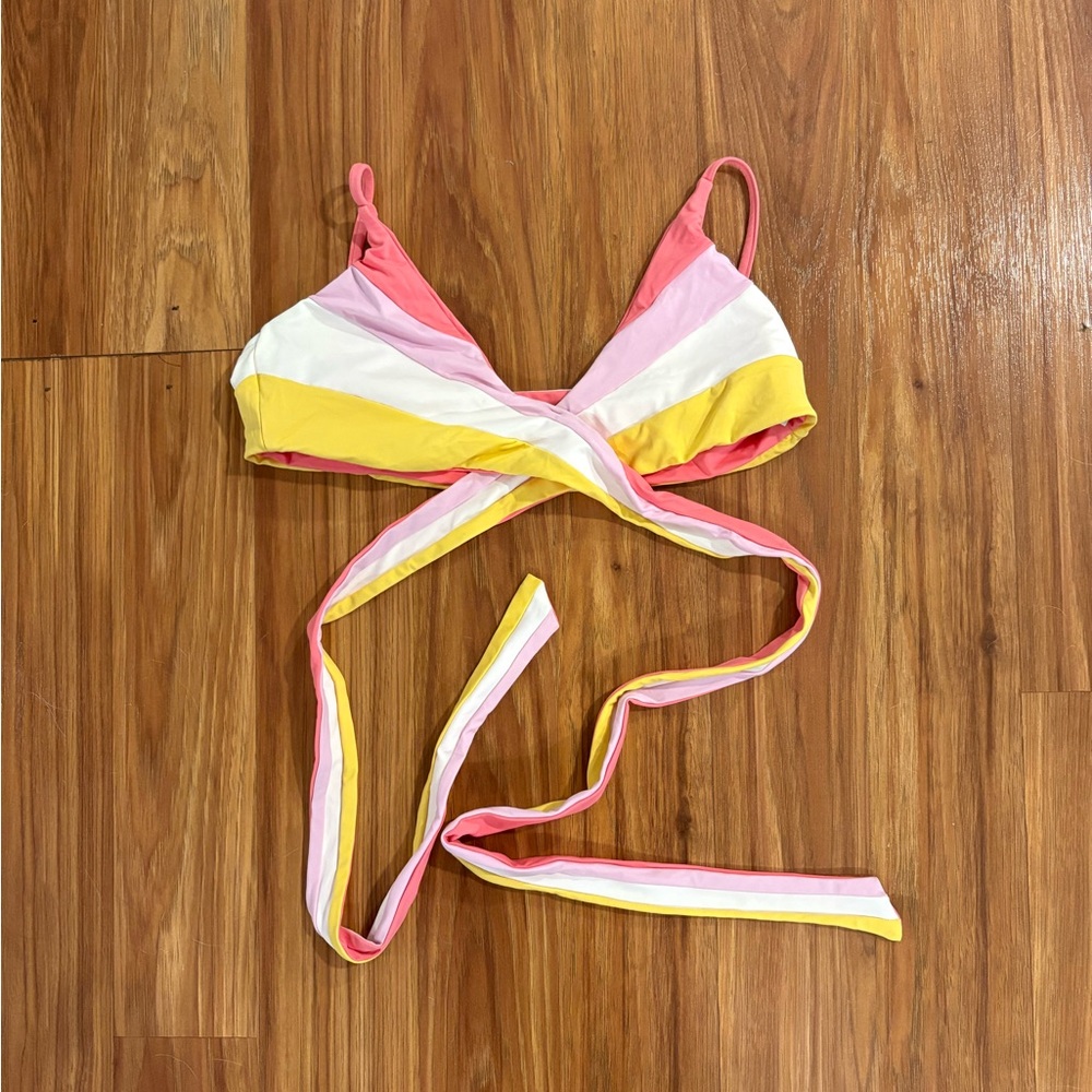 BECCA Striped Wrap Bikini Top - Pink, White & Yellow